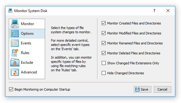 DiskPulse Disk Change Monitoring Options